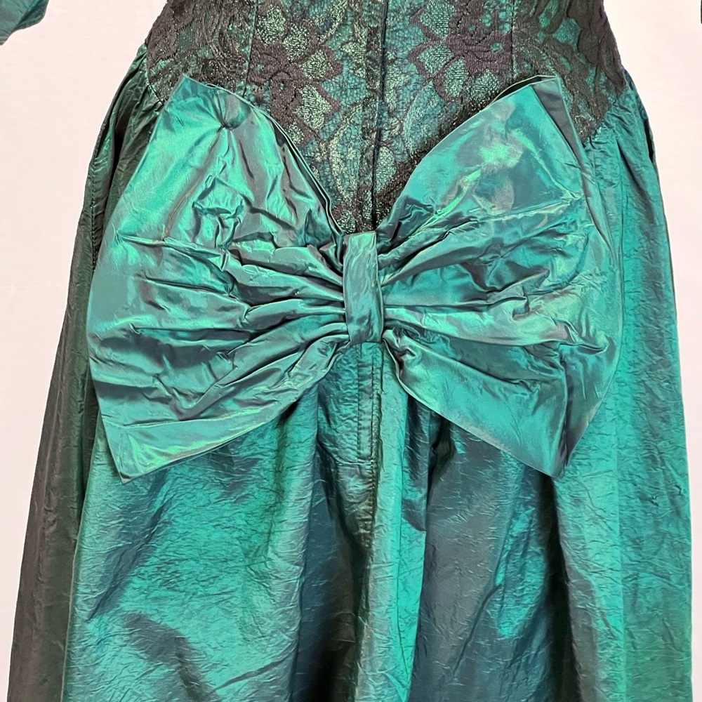 VINTAGE 80s holographic prom gown formal dress dark moody emerald forest lace - Picture 5 of 17